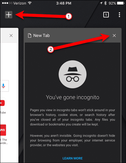 Закройте вкладку Инкогнито в Chrome на iOS